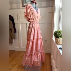 Jaase Peach Pink Button-Front Tiered Maxi Dress with Fringe Large